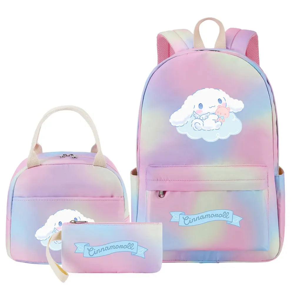 New Cinnamoroll Girls Kids Pen Lunch Bags Bookbags 3 Pcs Women Teenagers Schoolbags Travel Laptop Rainbow Backpack