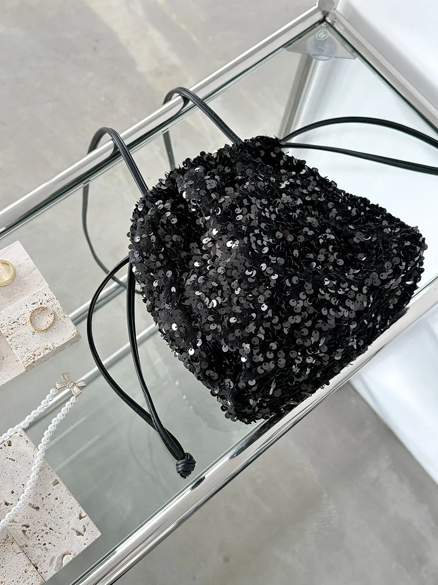New Crossbody Bucket Bags Lady Drawstring Folds Design Colorful Sequin Bag Korean Chic All-match Casual Handbags Female Purses