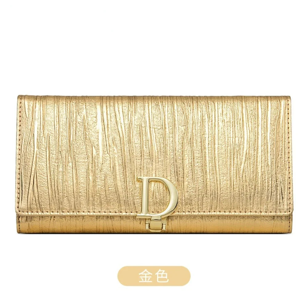 New D-button Ladies Purse Long Leather Striped Cowhide Wallet