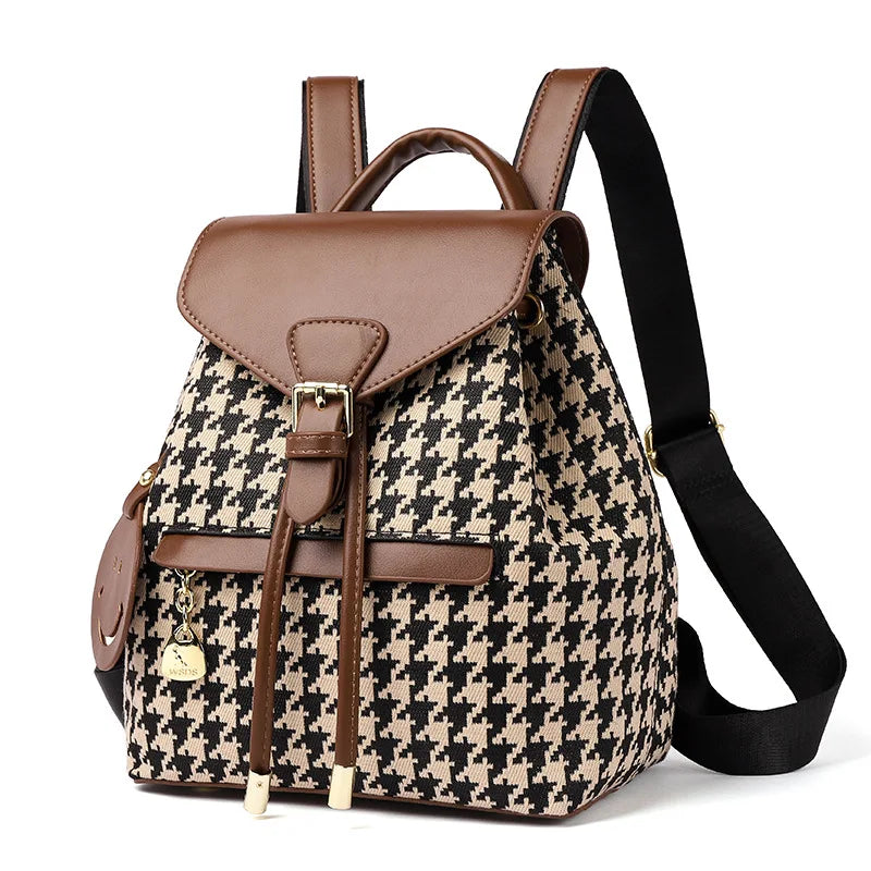 New Fashion Houndstooth Women Backpack High Quality Female Vintage School Bags Travel Bagpack Ladies Bookbag Rucksack