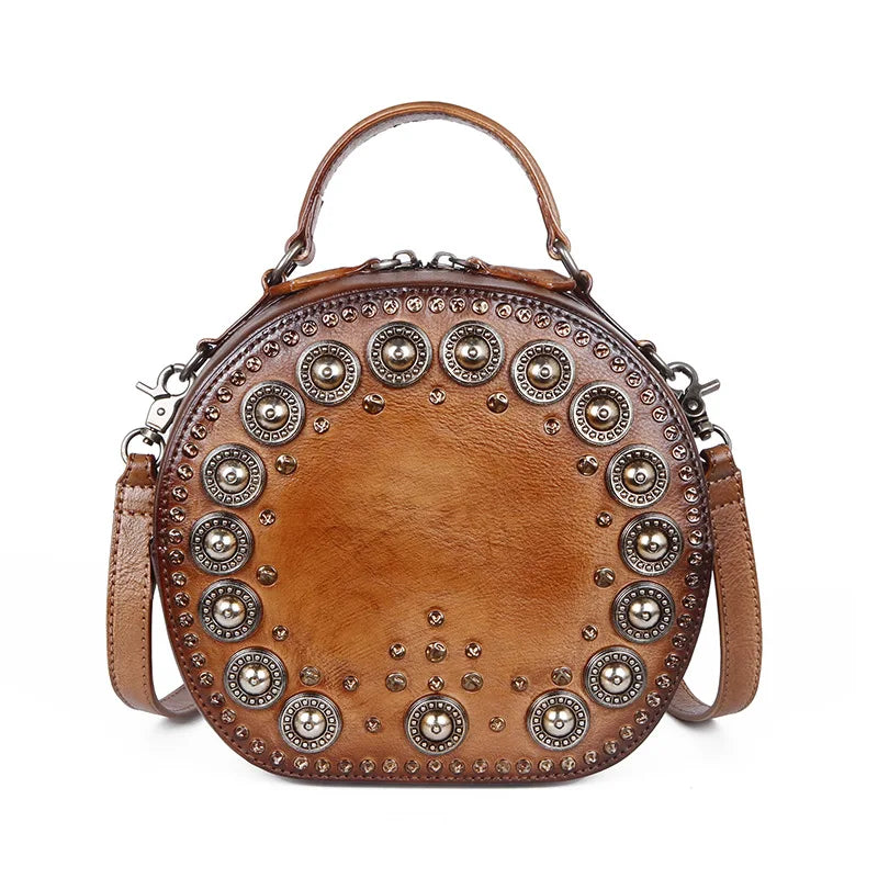New Fashion Vintage Genuine Leather Luxury Crossbody Bags Handmade Rivet Round Handbag Ladies Top-handle Bag Luxury Bolsos