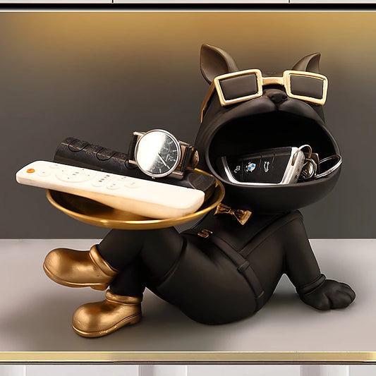 New French Bulldog Decoration Resin Big Mouth Dog Statue with Tray Storage Box Ornaments Animal Figurines Sculpture Home Decor