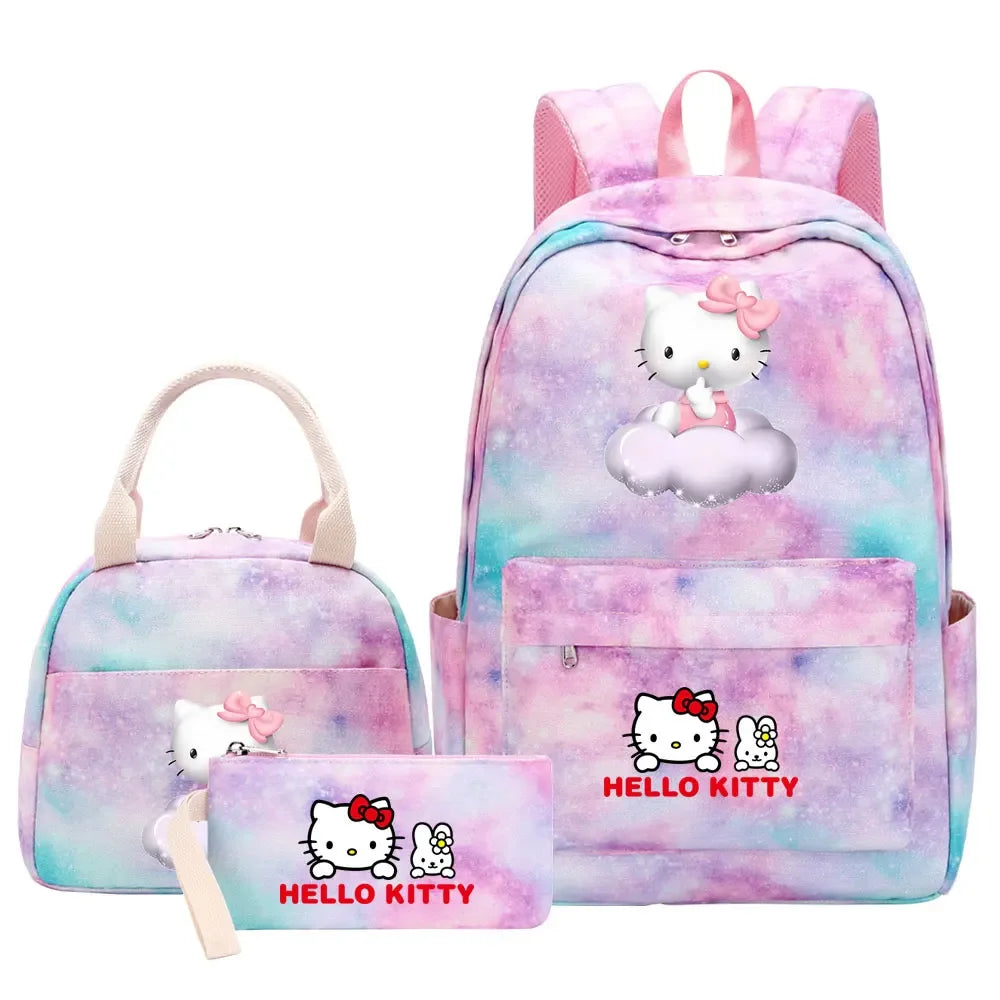 New Hello Kitty Printed Girls Kids Pen Lunch Bags Bookbags 3 Pcs Women Teenagers Schoolbags Travel Laptop Rainbow Backpack