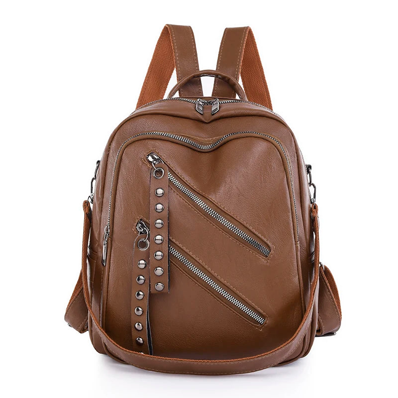 New High Quality Solid Color Leather Backpacks Women High Capacity Travel Backpack School Bags for Teenage Girls Shoulder Bag