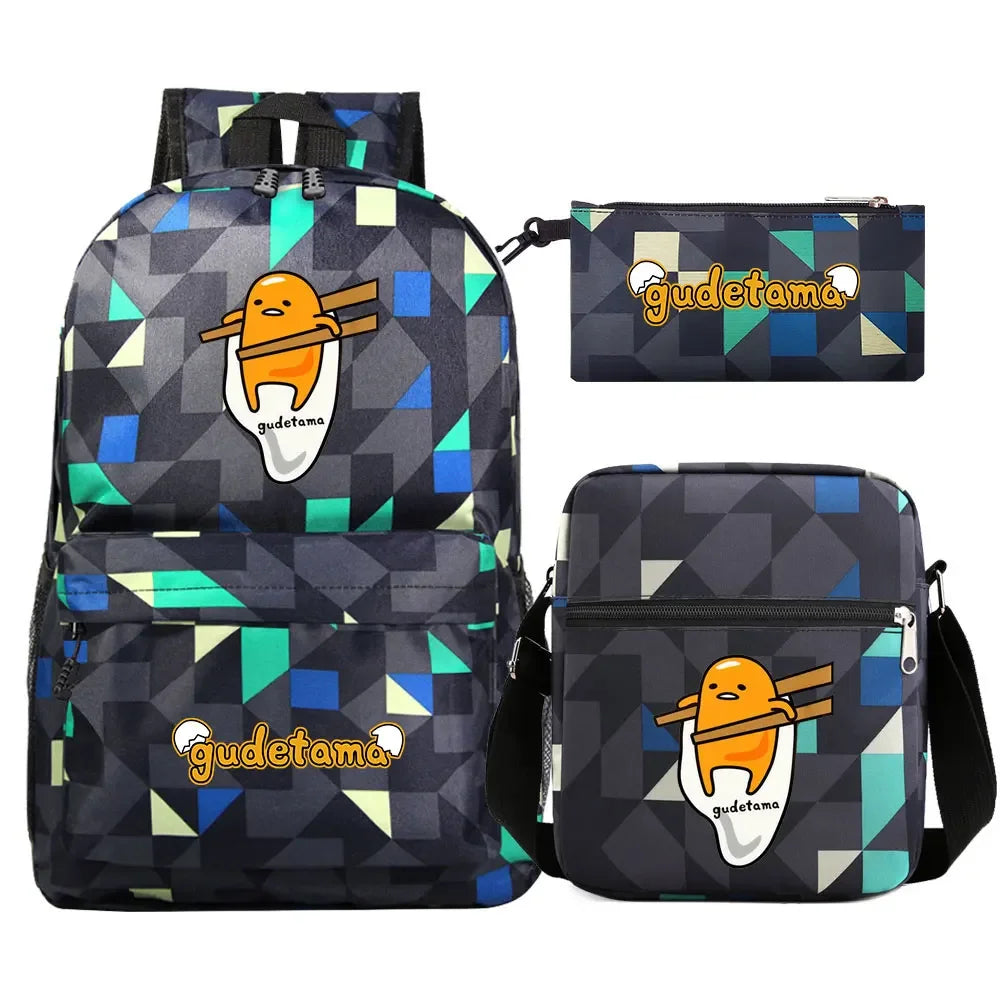 New Kawaii Gudetama 3Pcs Boy Girl Kids School Book Bags Travel Backpack Shoulder Bag Pen Bags For Men Women