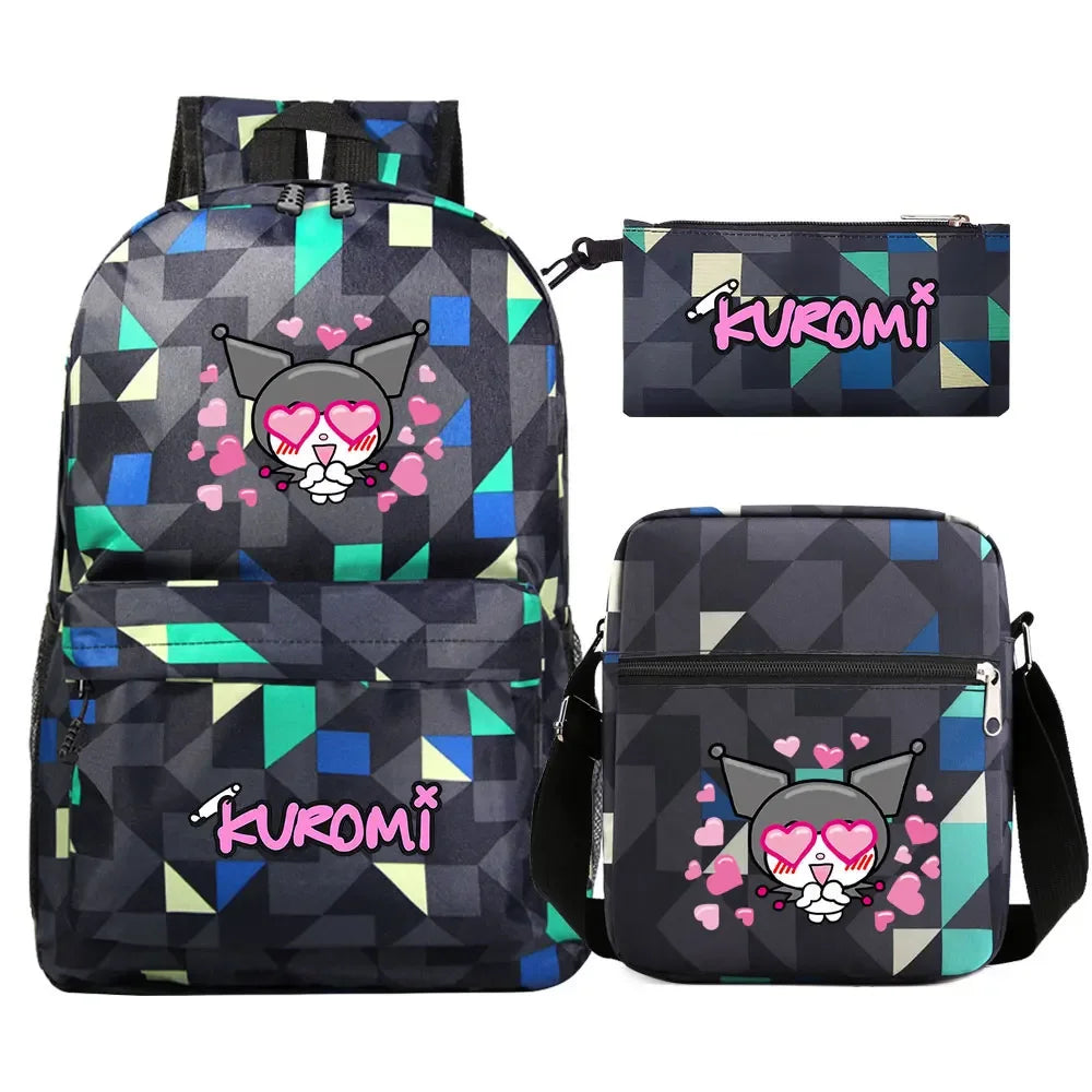 New Kawaii Kuromi 3Pcs Boy Girl Kids School Book Bags Travel Backpack Shoulder Bag Pen Bags For Men Women