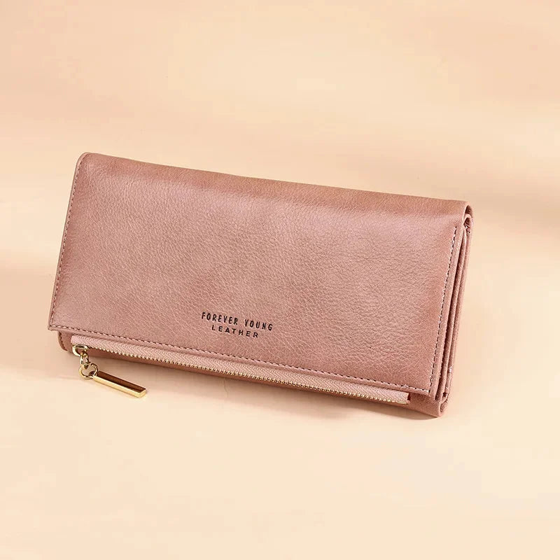 New Ladies PU Korean Version Long Clutch Small Fresh Tri-fold Wallet Fashion Zipper Buckle Coin Purse