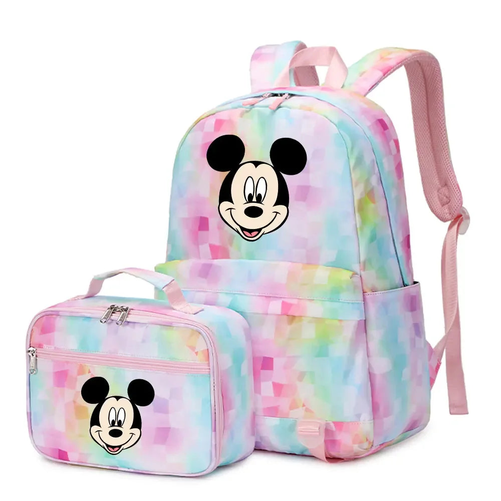 New Mickey Minnie Mouse 2Pcs Boy Girl Kids School Book Bags Travel Backpack Lunch Bag for Student Teenagers Sets