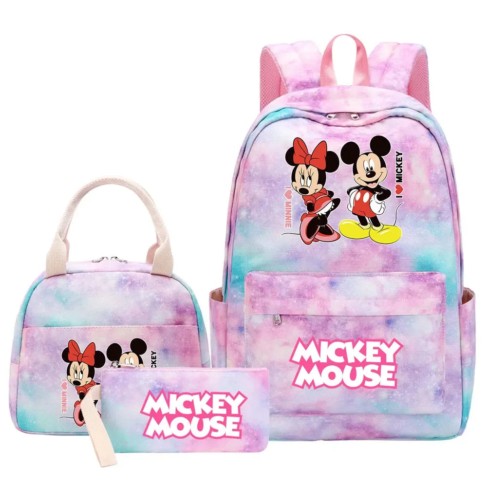 New Mickey Minnie Mouse Girls Kids Pen Lunch Bags Bookbags 3 Pcs Women Teenagers Schoolbags Travel Laptop Rainbow Backpack