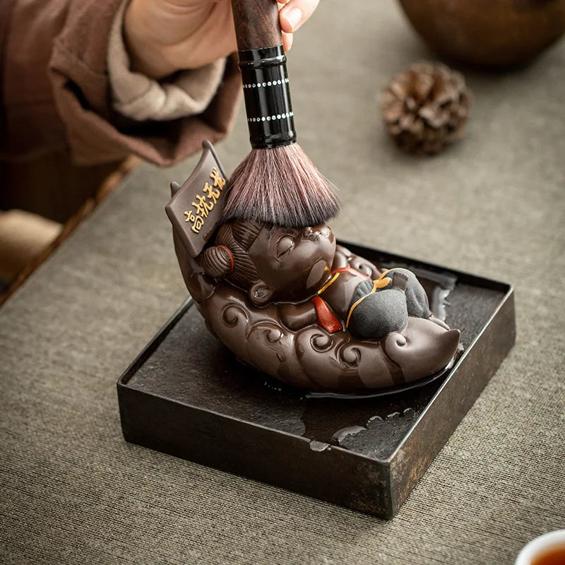 New Nezha decorative sculpture statue, purple sand mythical figure tea set decoration, cute ceramic home decoration craft gift