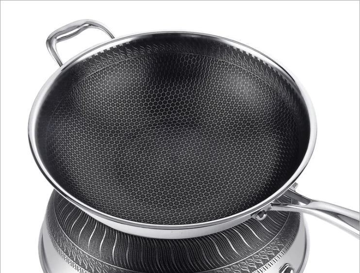 New Non-stick Frying Pans Double-Sided Screen Honeycomb Stainless Steel Wok Without Oil Smoke Frying Pan Wok PFOA-Free