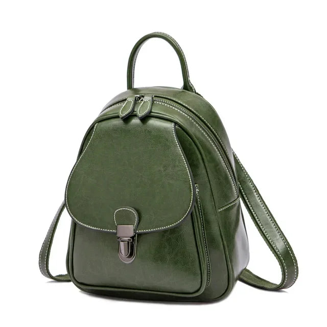 New Women's Retro Genuine Fashion Elegant Wax Cowhide Leather College Style Simple Ladies Backpack