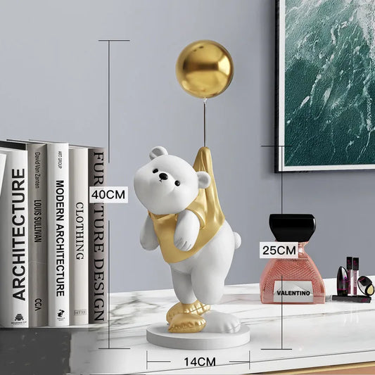 Nordic Bear Sculpture for Home Decor Balloon Flying Resin Bear Figurine Statue Modern Living Room Ornament Table Decoration Gift
