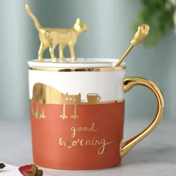 Nordic Ceramic Coffee Mug with Lid and Spoon Porcelain Cute Cartoon Couple Tea Cup Modern Minimalist Home Breakfast Milk Mug