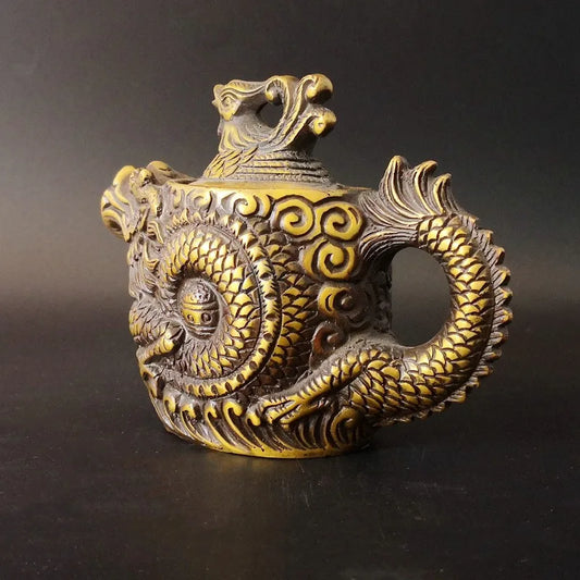Old Collection Ancient Tibetan Brass Chinese Hand Graving Dragon Teapot Kettle Statues et Sculptures Collection Ornaments