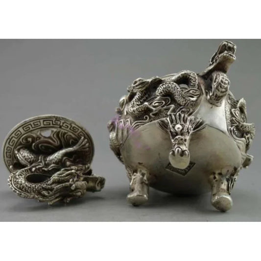 Oriental Signed Old Tibet Silver statue Carved Dragon Incense Burners Censer