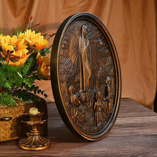 Our Lady of Fatima plaque solid wood wood carving crafts ornaments Catholic saint statues wooden wall hanging home decoration