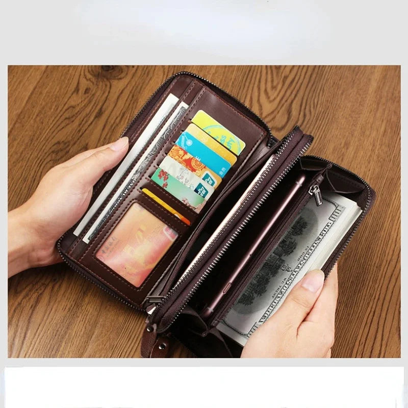 PU Casual Clutch Men Functional Long Wallet Photo Bank Card Holder Purse for Male Note Compartment Phone Pockets Bag