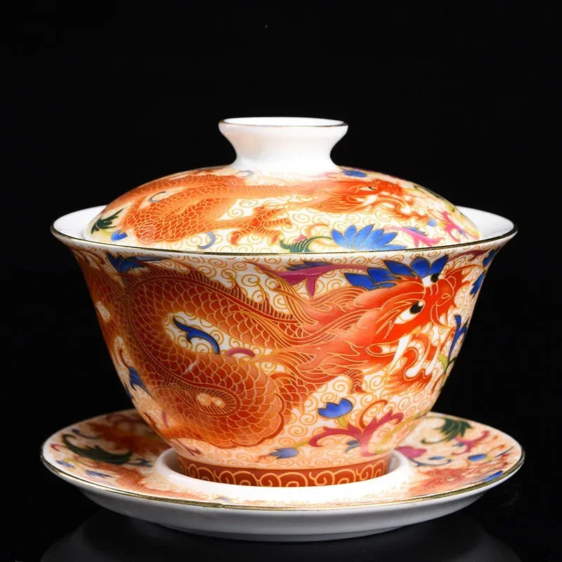 Palace Enamel Dragon Pattern Ceramic Gaiwan Chinese Handmade Teacup Travel Tea Bowl Home Teaware Accessories Drinkware 170ml
