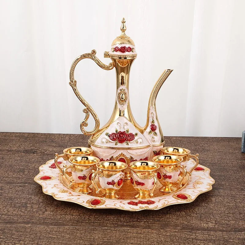 Palace Golden Glass Teapot Suit Kitchen Metal Cold Kettle Coffee Pot European Style Home Decoration Glassware Wedding Gifts Box