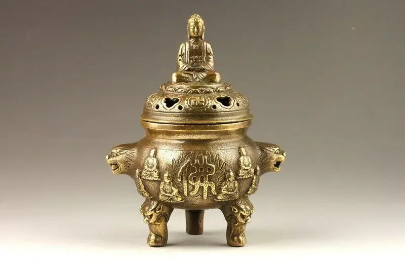 Pembakar Dupa Buddha Berukir Tembaga Tua Buatan Tangan Dekoratif Tiongkok