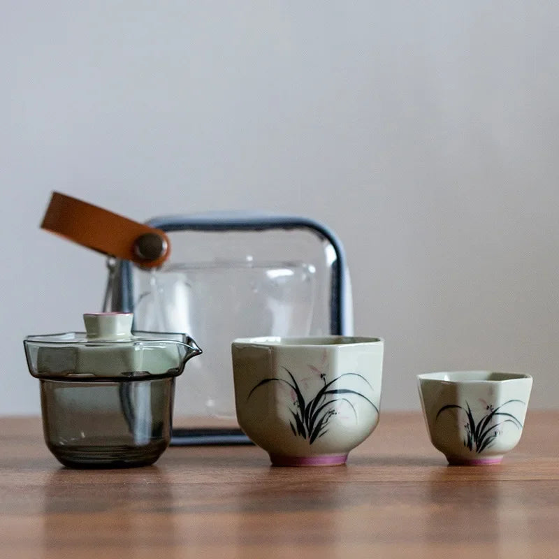 Plant Ash Hand-painted Ceramic Travel Tea Set Portable One Pot Two Cups Square Edge Cup Travel Tea Set Kung Fu Tea Set