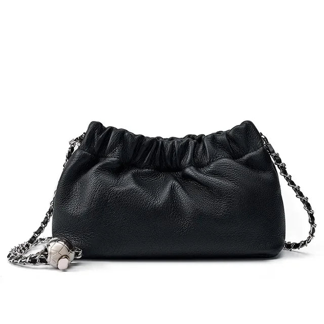 Popular Underarm Advanced Sense Cloud Fold Female Cowhide Single Shoulder Crossbody Bag Gold Ball Chain