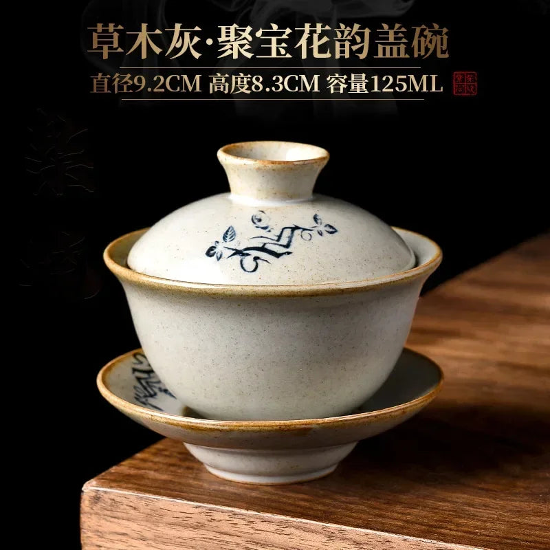 Porcelain Gaiwan of Orchid Grass and Wood, Hand-Painted Single Ceremony Bowl, Kiln Baked, Kung Fu Tea Set, Small Size, Retro
