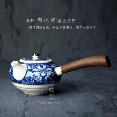 Porcelain Teapot High-grade Outline In Gold Blue And White Wood Pot Underglaze Color The Long Handle Pot Tea Set Free Shipping