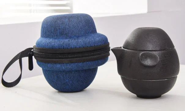 Portable Black Ceramic Tea Set for One Teacup with 2 Cups Travel Tea Set with Travel Bag Teaware Gift