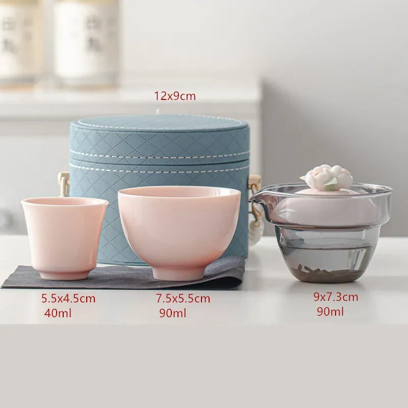 Portable Travel Tea Set Tea Pot and Cup Storage Set Pink Outdoor Teaware Suit Home Ceramic Beauty Tea Infuser Two Cups In A Pot