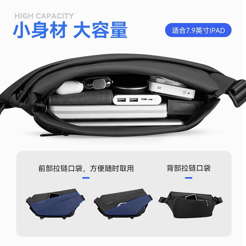 Premium Black Waterproof CrossBag Personality Fashion Men Magnetic Messenger Bag Lightweight Minimalist Sling Shoulder Bag
