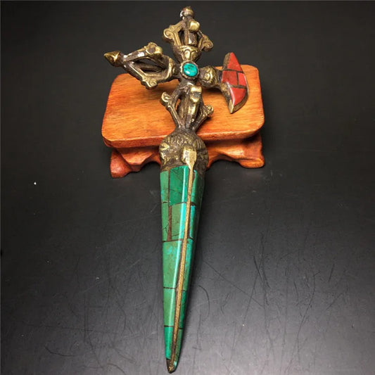 Pure Copper Gilt Tastefully Tibetan Silver 6 " Tibet Turquoise Gilt Protection God Phurba Dagger Holder statue