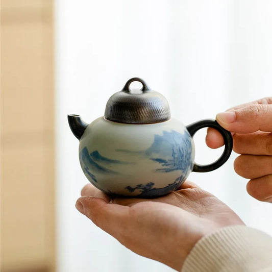 Pure Hand-painted Landscape Ceramic Teapot Retro Matte Glaze Pot with Ball Hole Filter Chinese Tea Brewing Kettle Teawre