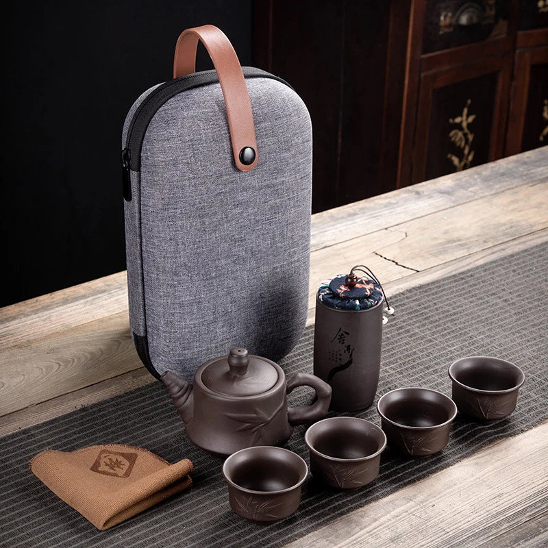 Purple Clay Kung Fu Teapot 230ml Chinese Porcelain Yixing Zisha Tea Pot 4 Cups Kung Fu Travel Tea Cup Handmade Tea Pot Cup Set