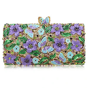 Purple Floral Crystal Women Clutch Bag Fashion Blue Butterfly Evening Clutches Purse Ladies Green Leaves Handbags Female Clutch
