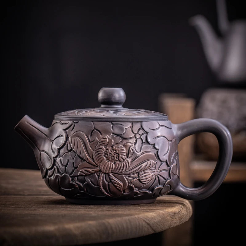 Purple Pottery Teapot Hand Carving Ceramic Drink Pot Kettle Pot Kung Fu Tea Set Pure Teapot Teapot for Tea Puer Tea