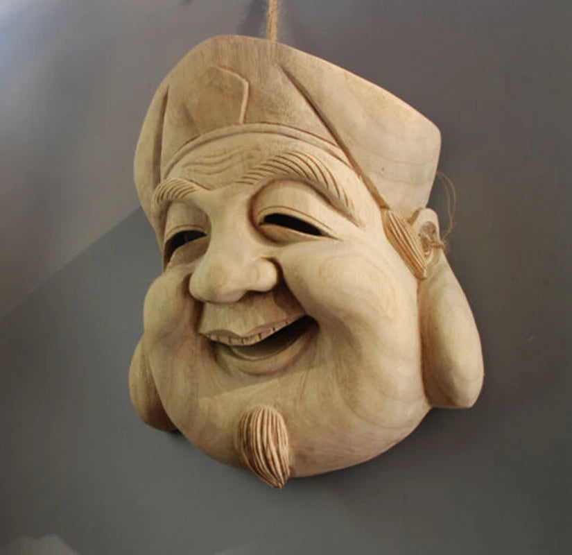 QH030 - 21x18.5x9 cm Hand Carved Japanese Noh Dikokuten Mask