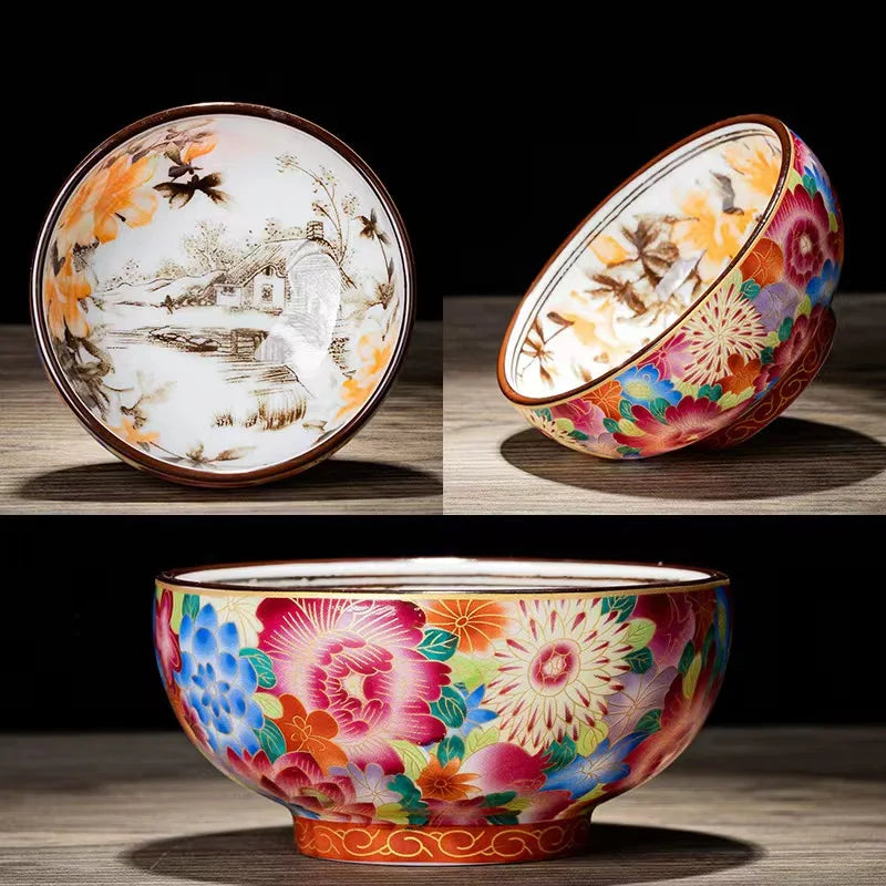 Qia Silk Antique Silk and Enamel Master Cups Tea Cup Set Teaware Bowl For Tea Ceremony Mugs Blue and White Porcelain