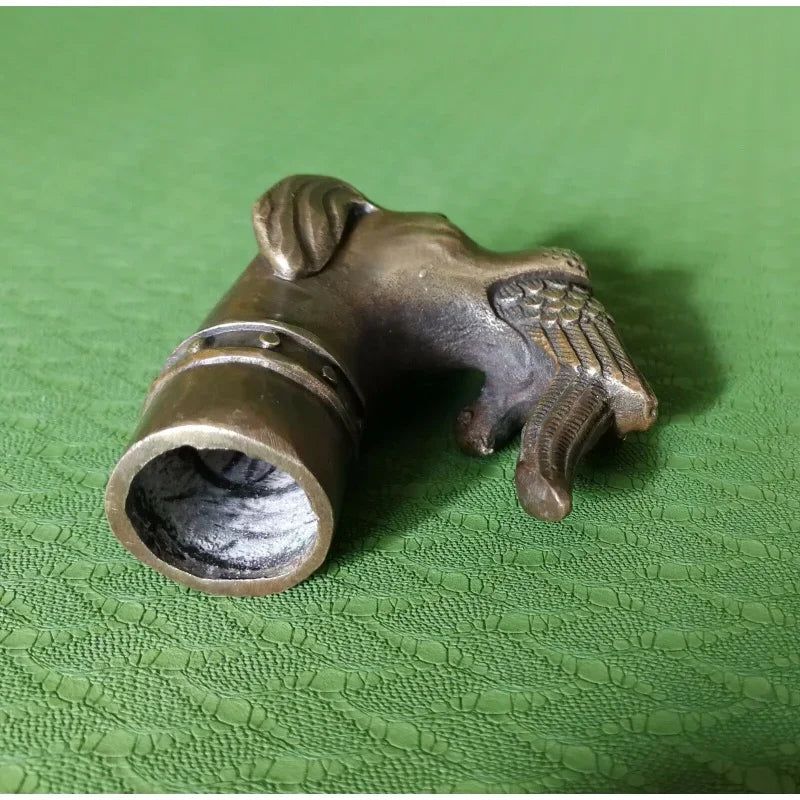 RARE VICTORIAN OLD BRONZE HAND CARVED DOG BITE BIRD STATUE WALKING STICK HEAD
