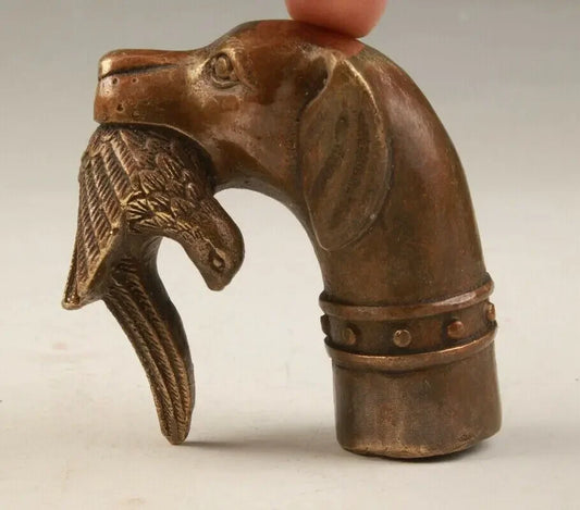 RARE VICTORIAN OLD BRONZE HAND CARVED DOG BITE BIRD STATUE WALKING STICK HEAD