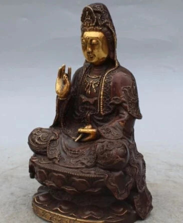 RHS0058 8" Marked China Buddhism Bronze Gilt Seat Lotus Kwan-yin Guan Yin Goddess Statue