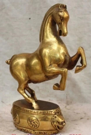 RHS0059 9" China Chinese Bronze Carved Animal Sucessful Running Horse Lion Base Statue