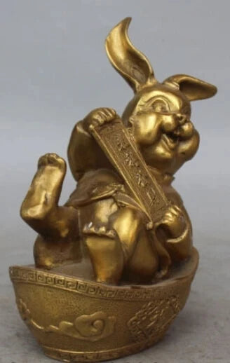 RHS0096 18CM Chinese Bronze Carving FengShui Wealth YuanBao Animal Zodiac Rabbit Statue