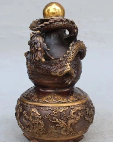 RHS0183 13" Marked Chinese Bronze Gilt FengShui Dragon calabash Cucurbit Gourd Statue