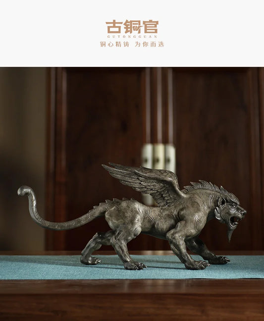 RU HU TIAN YI NEW TOP COOL GOOD LUCK Supernatural Mythical Animal Dragon Lion tiger Bronze carving statue HOME company