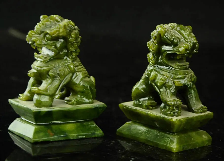 Rare A pair of 100% China natural green jade hand-carved statues fo dog lion