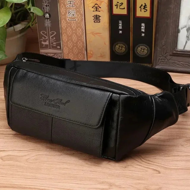 Real Cowhide Men Waist Bags Bum Sling Chest Pack Casual Pocket Shoulder Pouch Male Genuine Leather Loop Hip Belt Fanny Bag