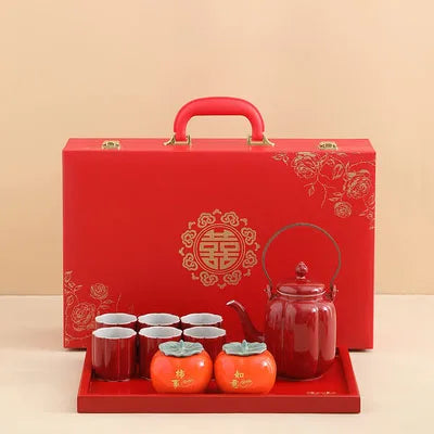 Red Ceramic Teapot Chinese Tea Pot Cup Beauty Kettle Wedding Supplies Household Tea Ceremony Customized Souvenir Gifts