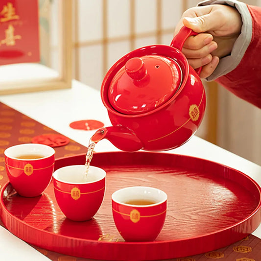 Red Teapot Ceramics Tea Set Traditional China Wedding Tea Cups Pot Porcelain Party Banquet Kettle Teaware Souvenir Gift Supply